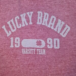 Lucky Brand Varsity Team Graphic Tee Shirt S 1990 Clover Logo Heather Pink Red